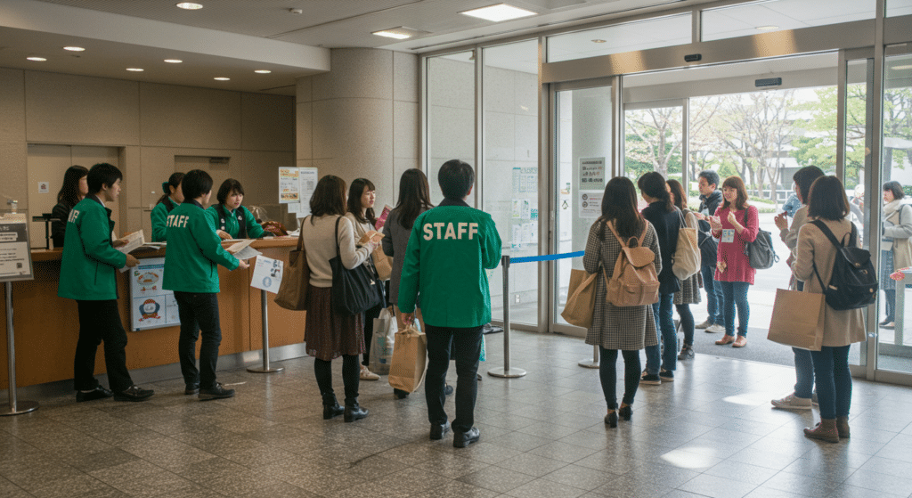 コンサート会場の入り口で、スタッフがチケットのもぎりと受付をしている。