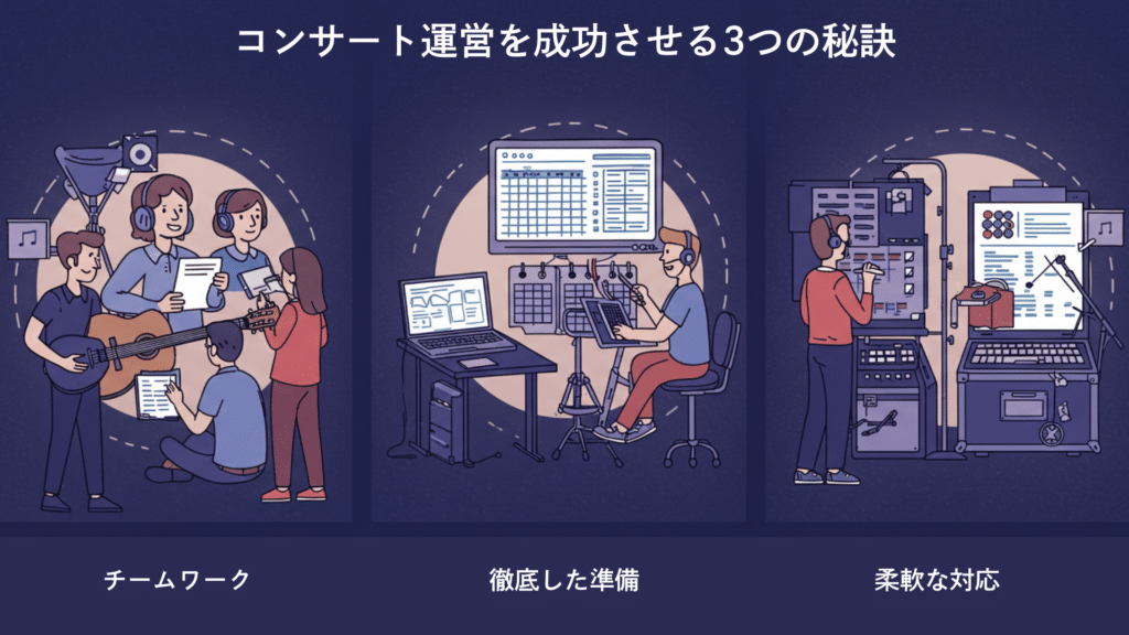 コンサート運営を成功させる3つの秘訣を表した画像。チームワークと徹底した準備、柔軟な対応。