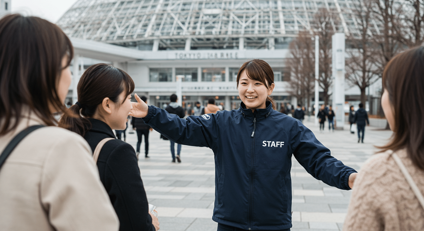 女性イベントスタッフが客を案内している