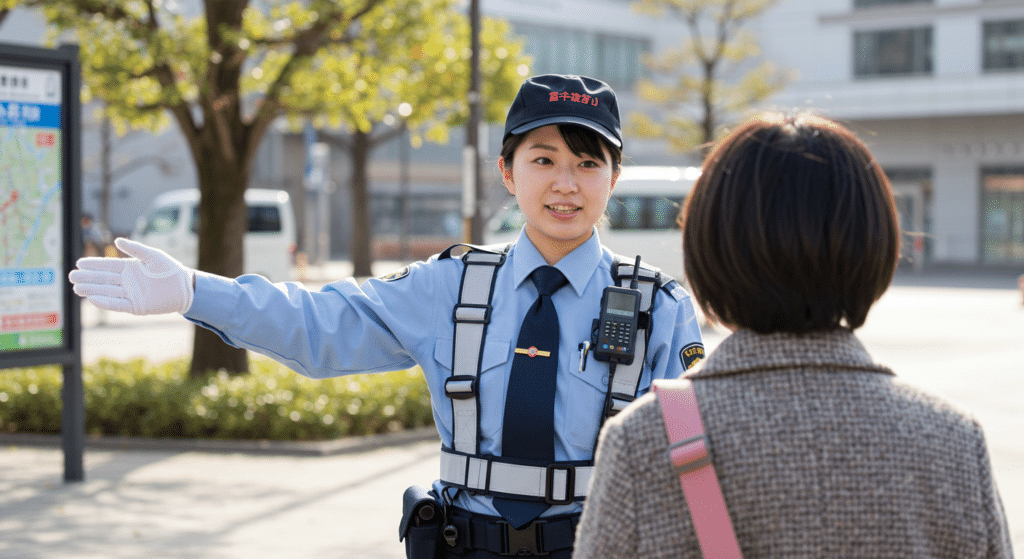 女性のイベント警備バイトスタッフが、客の動線誘導をしている
