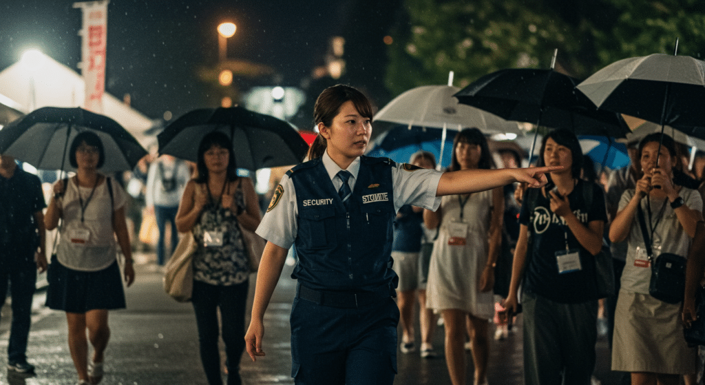雨の中、女性のイベント警備バイトスタッフが業務している