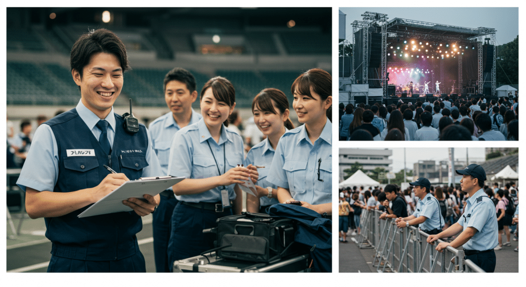 イベント警備バイトのメリットを表した画像（高収入と柔軟なシフト、幅広い年齢層で働ける環境、イベントを間近で体験できる醍醐味）