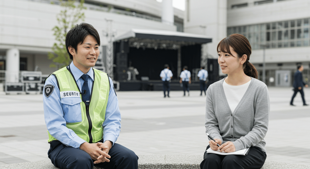 イベント警備バイトスタフにインタビューしている画像