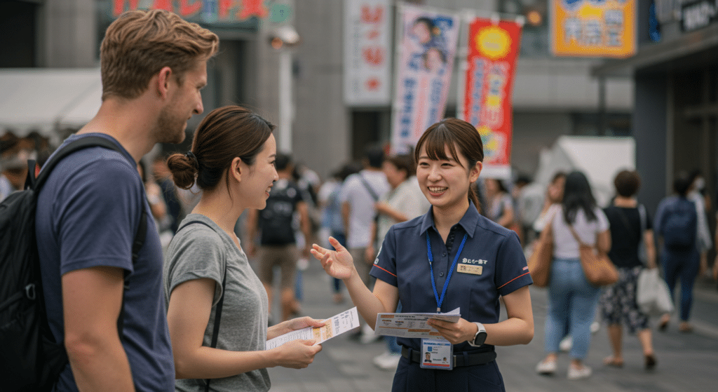 イベントで海外からの客に、英語で案内をする女性イベントスタッフ