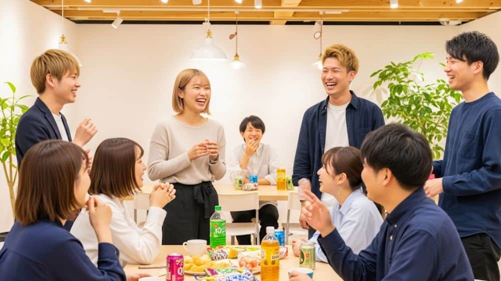 イベントスタッフの男女が打ち上げで楽しく話している様子