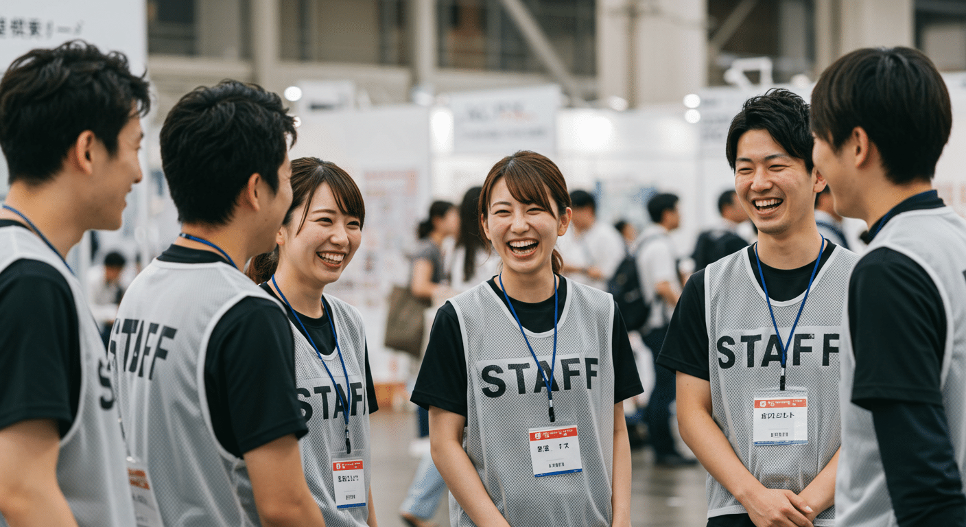イベントスタッフのバイトとして働いている男女が楽しそうに話している様子