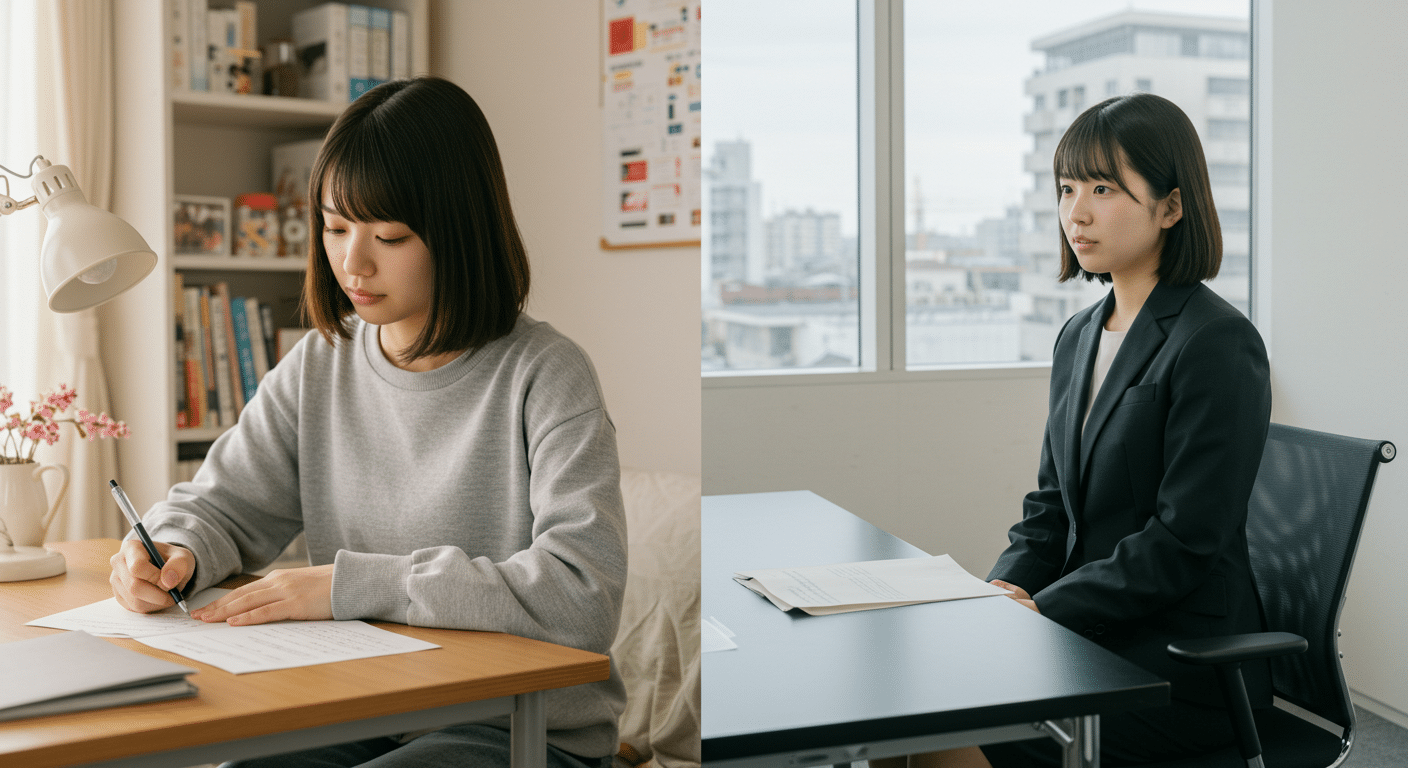 女性がイベントスタッフの志望動機を考え、面接でしっかり受け答えする様子