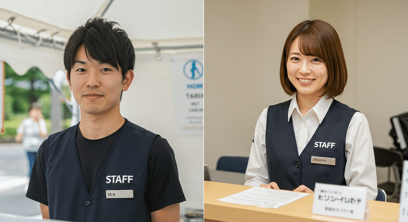 イベントスタッフの黒髪の男性と黒に近い茶髪の女性